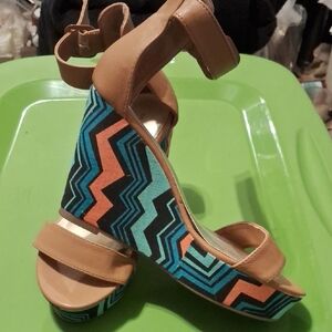 mark. Tan Wedge Sandals with Turquoise & Orange Geometric Pattern
